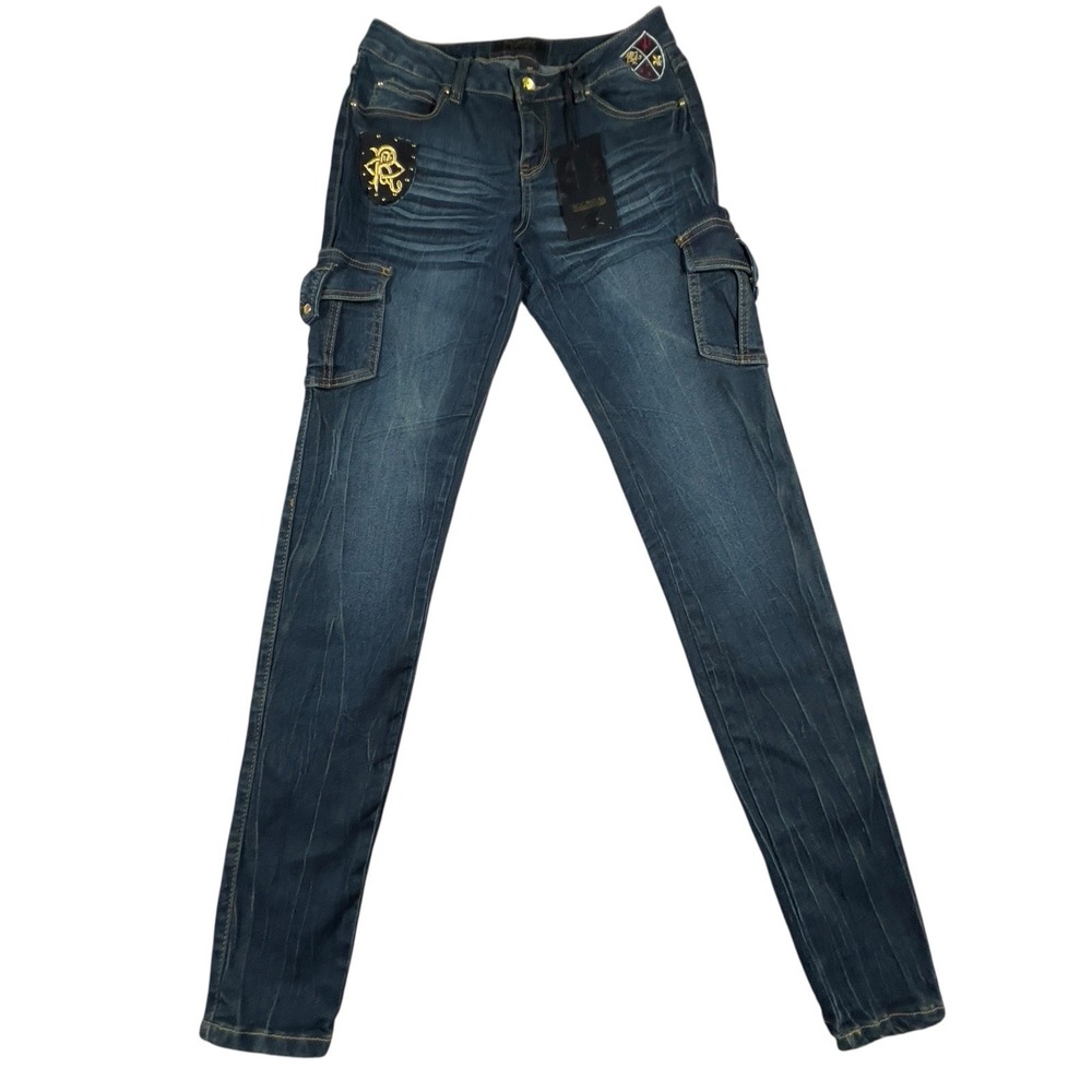 Rocawear 1999 Jean Skinny Cargo MidRise Size 7 Stretch‎ Denim Hip Hop 90s Logo